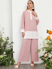 Seusyu Bộ đồ hai mảnh nữ Cao thấp Chia Khối Màu Giải trí - Màu Hồng baby - Xem 3