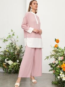 Seusyu Bộ đồ hai mảnh nữ Cao thấp Chia Khối Màu Giải trí - Màu Hồng baby - Xem 4