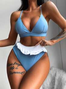 Ruffle Hem Triangle High Waisted Bikini Set, For Summer Beach Vacation - Blue and White - View 1