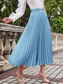 SHEIN 鏈條腰百褶半身裙 - 淺藍色 - 查看 1