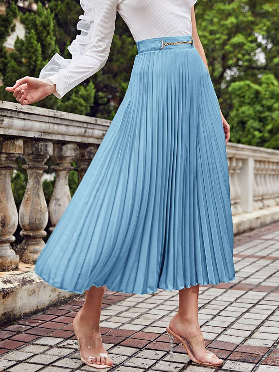 SHEIN 鏈條腰百褶半身裙 - 淺藍色 - 查看 1