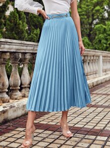 SHEIN 鏈條腰百褶半身裙 - 淺藍色 - 查看 4