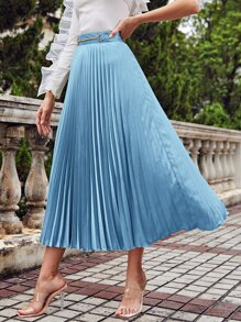 SHEIN 鏈條腰百褶半身裙 - 淺藍色 - 查看 5