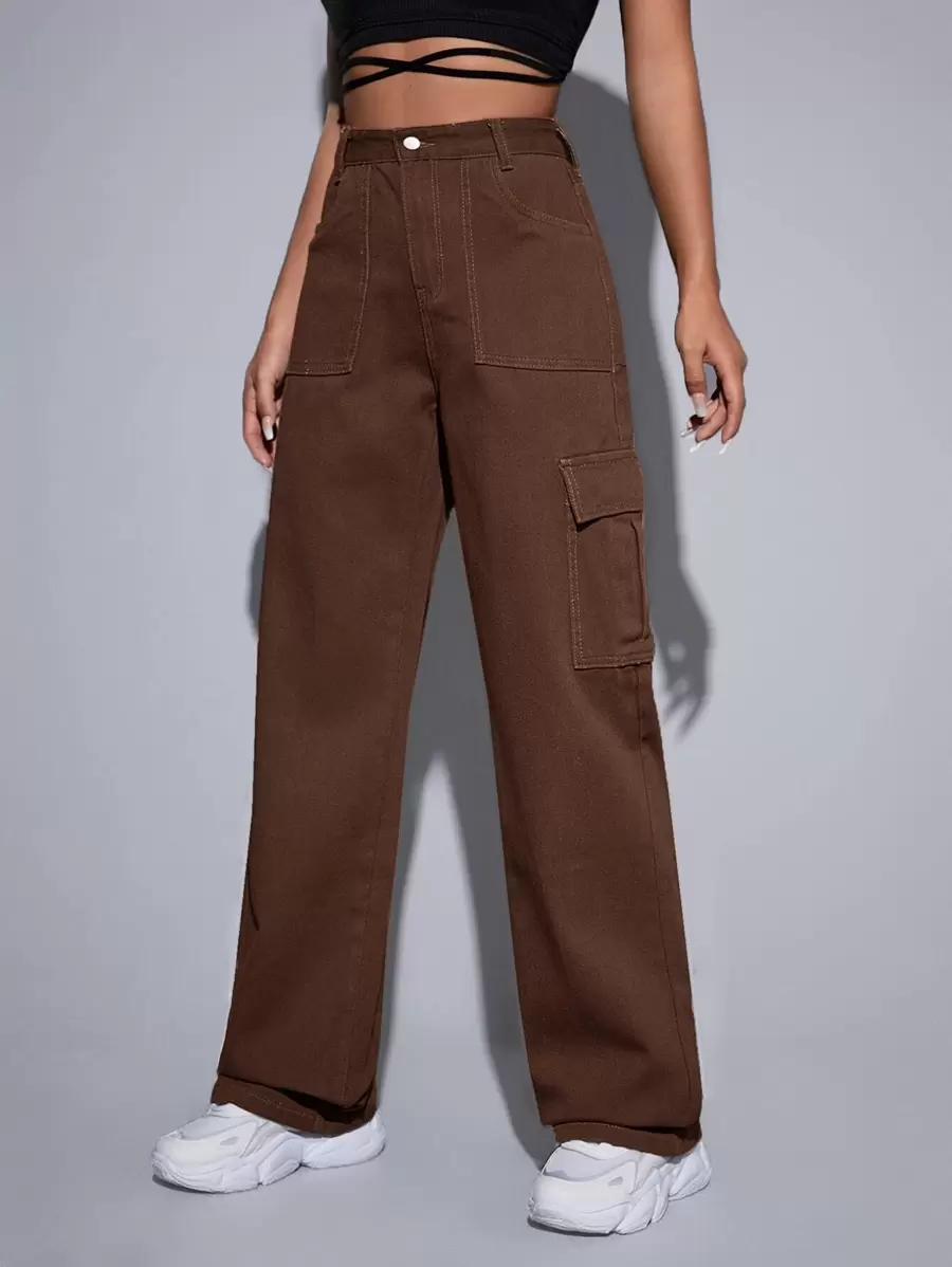 SHEIN EZwear High Waist Cargo Jeans - Chocolate Brown - View 1