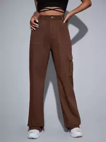 SHEIN EZwear High Waist Cargo Jeans - Chocolate Brown - View 3