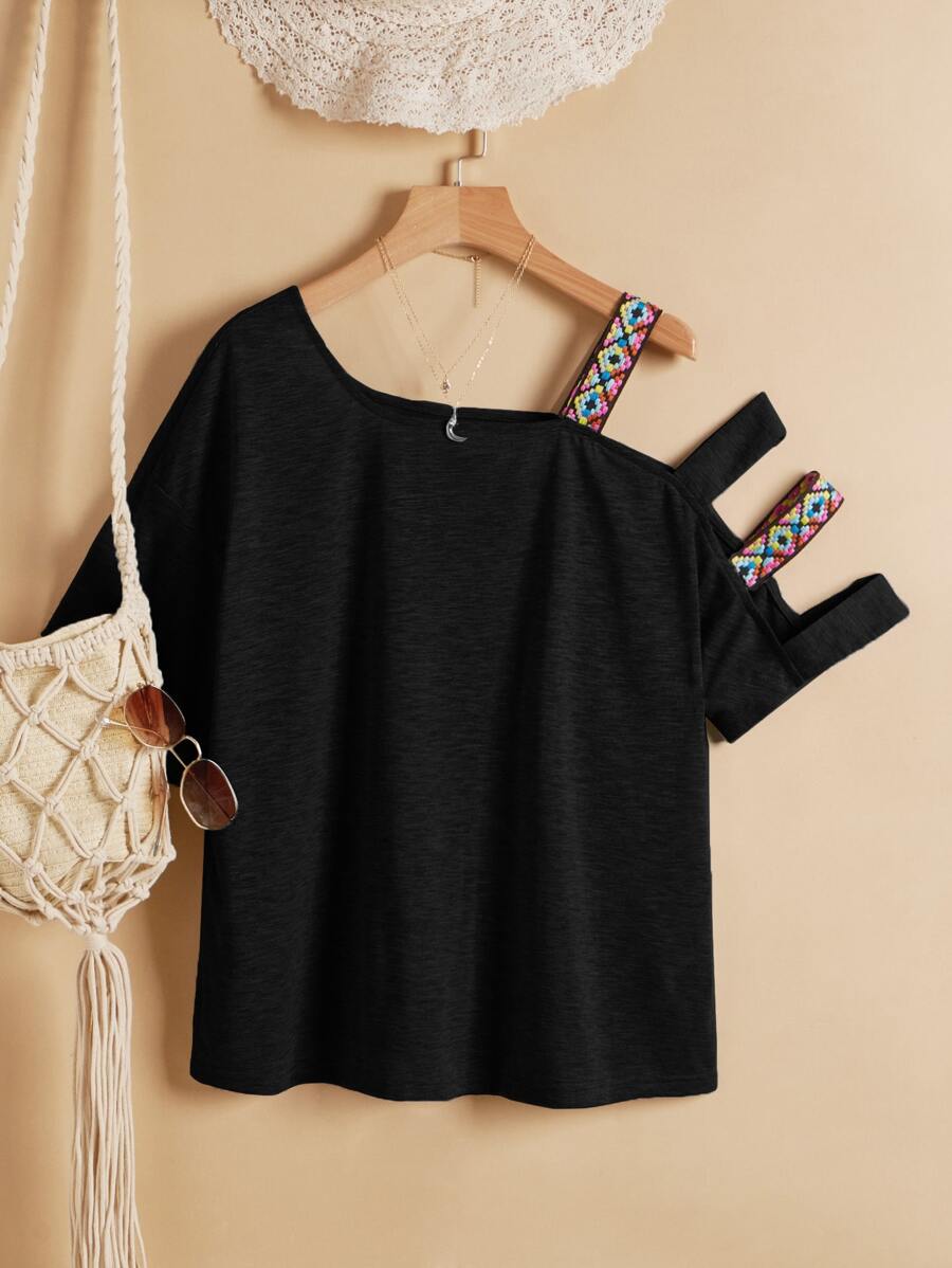 Seusyu Áo thun nữ Cắt ra Nghề thêu Hình học Giải trí - màu đen - Xem 1