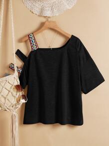 Seusyu Áo thun nữ Cắt ra Nghề thêu Hình học Giải trí - màu đen - Xem 2