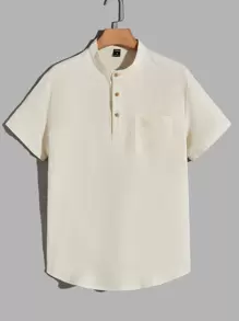 Manfinity NXTstreet Nam Áo sơ mi Bông Chất rắn Placket nửa nút Vá Túi - Màu be - Xem 1