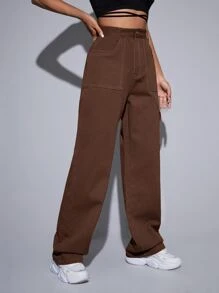 SHEIN EZwear High Waist Cargo Jeans - Chocolate Brown - View 4