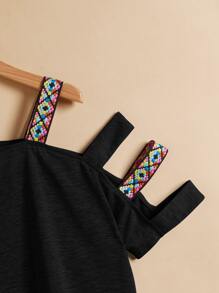 Seusyu Áo thun nữ Cắt ra Nghề thêu Hình học Giải trí - màu đen - Xem 4