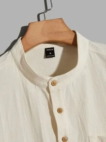 Manfinity NXTstreet Nam Áo sơ mi Bông Chất rắn Placket nửa nút Vá Túi - Màu be - Xem 3