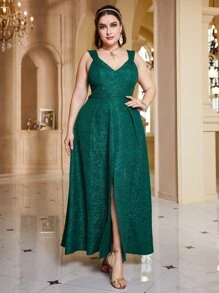 SHEIN Unity Plus Floral Embossed Split Thigh Maxi Cami Dress - Green - View 4