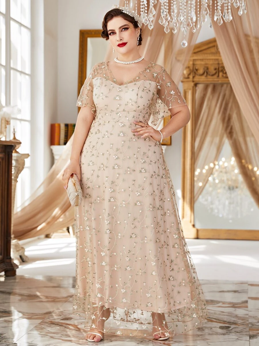 Modelyn Plus Size Floral Embroidery Mesh Dress - Apricot - View 1