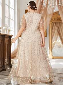 Modelyn Plus Size Floral Embroidery Mesh Dress - Apricot - View 2