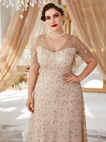 Modelyn Plus Size Floral Embroidery Mesh Dress - Apricot - View 3