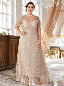 Modelyn Plus Size Floral Embroidery Mesh Dress - Apricot - View 4