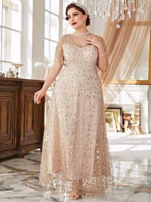 Modelyn Plus Size Floral Embroidery Mesh Dress - Apricot - View 6