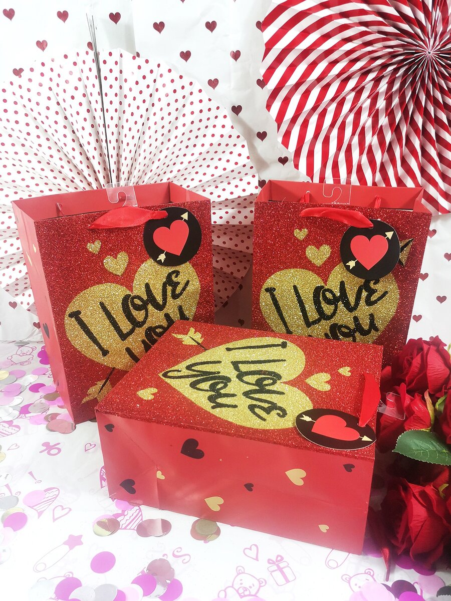 3入組情人節愛心圖案禮品袋 - 彩色 - 查看 1