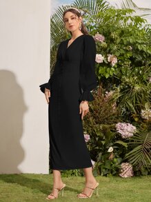 Modelyn Flounce Sleeve Button Detail Dress - Black - View 3