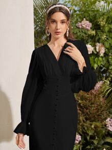 Modelyn Flounce Sleeve Button Detail Dress - Black - View 5