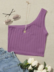 SHEIN EZwear 單肩羅紋針織短版上衣 - 淡紫色 - 查看 1