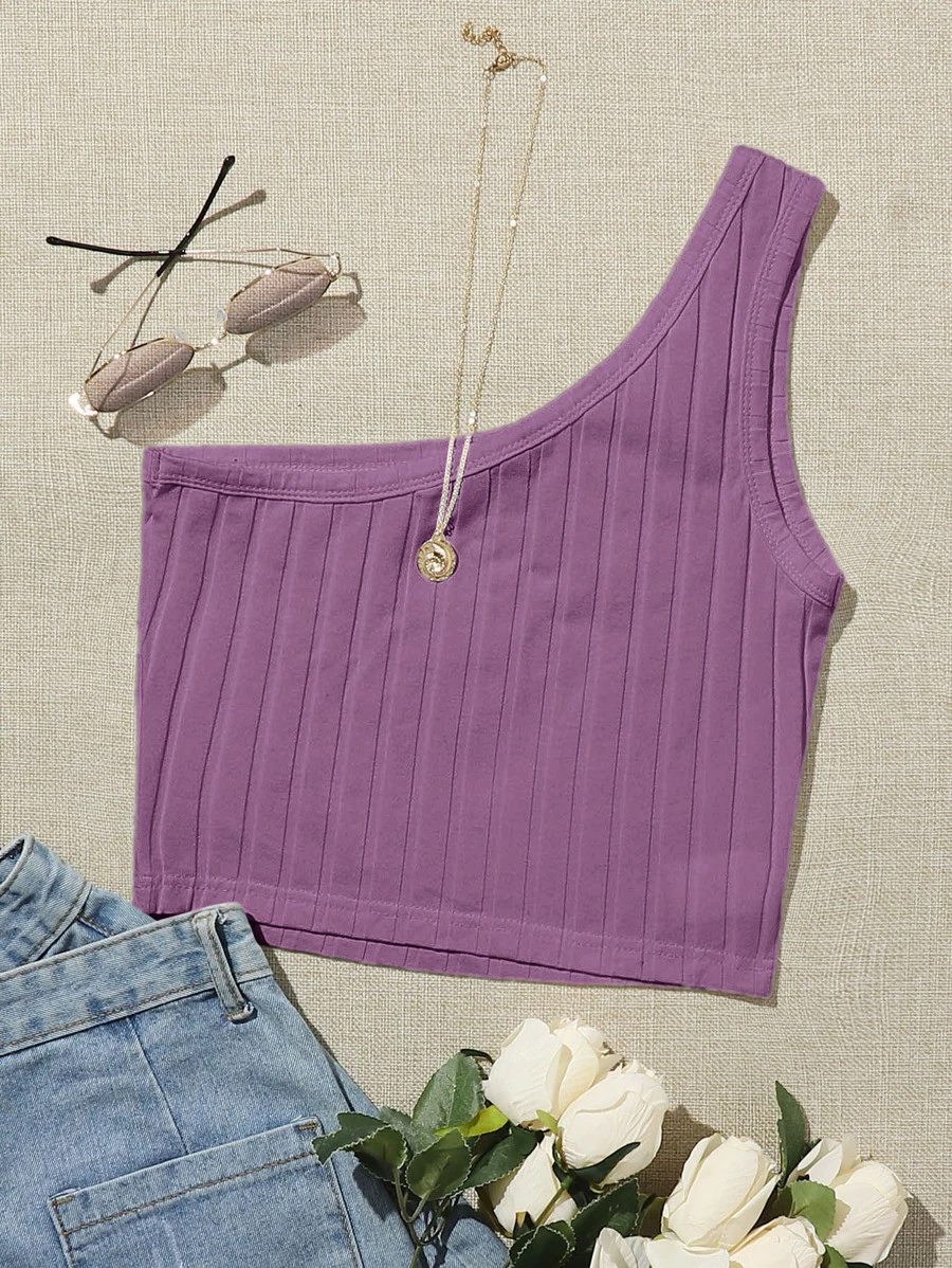 SHEIN EZwear 單肩羅紋針織短版上衣 - 淡紫色 - 查看 1