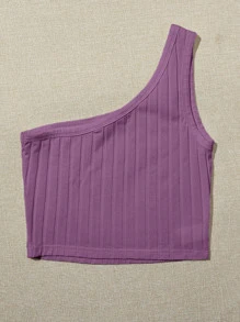 SHEIN EZwear 單肩羅紋針織短版上衣 - 淡紫色 - 查看 3