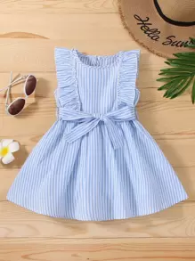 Bebé Vestido con cinturón de rayas ribete con fruncido - Azul - Ver 1