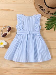 Bebé Vestido con cinturón de rayas ribete con fruncido - Azul - Ver 2