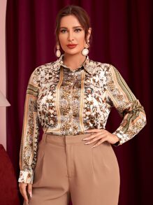 Mulvari Plus Scarf Print High Low Hem Satin Shirt - Multicolor - View 2