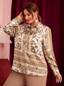 Mulvari Plus Scarf Print High Low Hem Satin Shirt - Multicolor - View 5