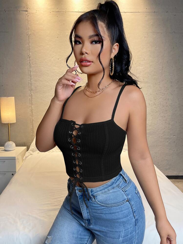 SHEIN SXY Garment Eyelet Lace Up Front Cami Top - Black - View 3