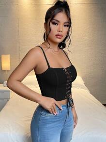 SHEIN SXY Áo hai dây Ren lên Thùa khuyết Gân đan màu trơn Gợi cảm - màu đen - Xem 4