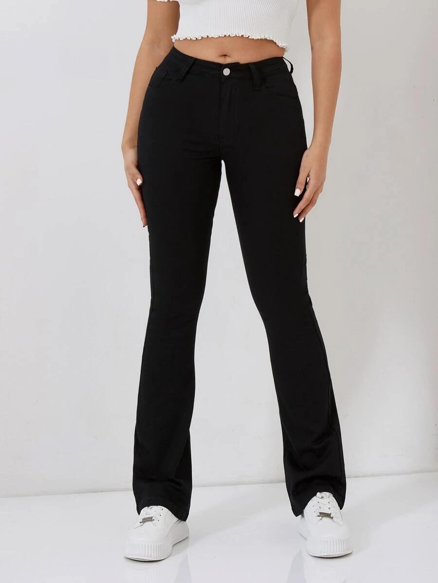 SHEIN PETITE Zipper Fly Flare Leg Jeans - Black - View 1