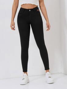 SHEIN PETITE High Waist Skinny Jeans - Black - View 1