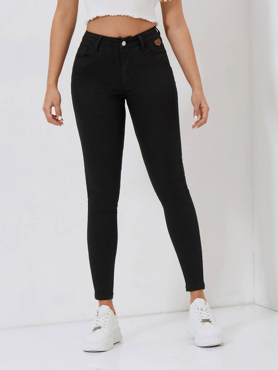 SHEIN PETITE High Waist Skinny Jeans - Black - View 1