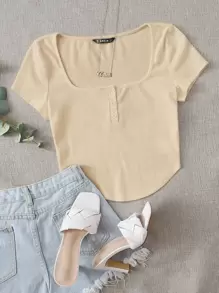 SHEIN EZwear 休闲百搭纯色弧形下摆短袖T恤，夏季