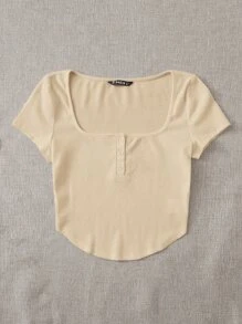 SHEIN EZwear 休闲百搭纯色弧形下摆短袖T恤，夏季