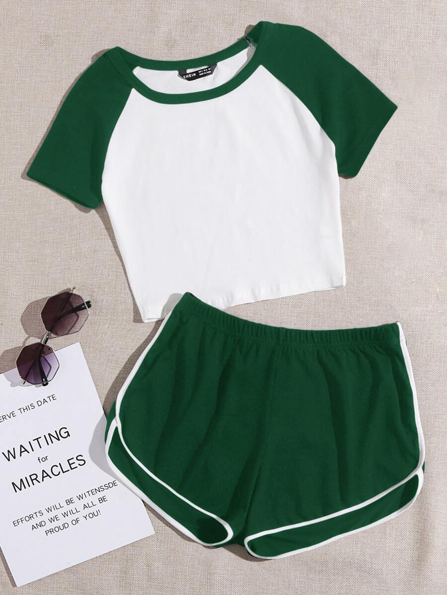 Muchica Raglan Sleeve Crop Top & Runner Shorts Set - Multicolor - View 1