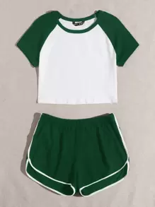 Muchica Raglan Sleeve Crop Top & Runner Shorts Set - Multicolor - View 3