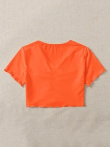 SHEIN Qutie v領前抽褶生菜邊短版上衣 - 橘色 - 查看 2