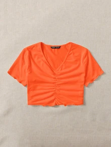 SHEIN Qutie v領前抽褶生菜邊短版上衣 - 橘色 - 查看 3
