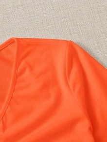 SHEIN Qutie v領前抽褶生菜邊短版上衣 - 橘色 - 查看 5