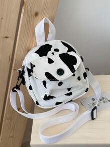 迷你奶牛图案帆布挎包，时尚休闲奶牛印花图案女士钱包 - 黑與白 - 查看 1