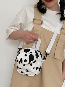 迷你奶牛图案帆布挎包，时尚休闲奶牛印花图案女士钱包 - 黑與白 - 查看 4