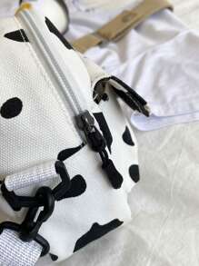 迷你奶牛图案帆布挎包，时尚休闲奶牛印花图案女士钱包 - 黑與白 - 查看 5