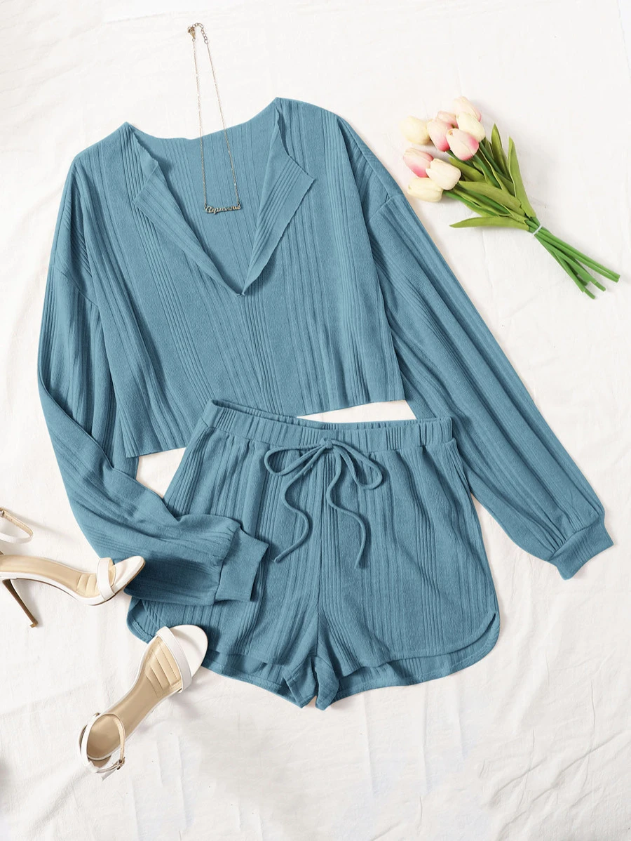 SHEIN EZwear Drop Shoulder Notched Neck Top & Shorts Set - Dusty Blue - View 1