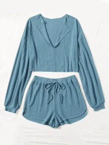 SHEIN EZwear Drop Shoulder Notched Neck Top & Shorts Set - Dusty Blue - View 3