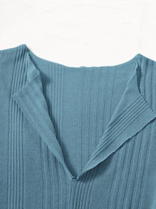 SHEIN EZwear Drop Shoulder Notched Neck Top & Shorts Set - Dusty Blue - View 4