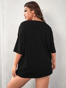 Flirla Camiseta de hombros caídos con estampado de letra